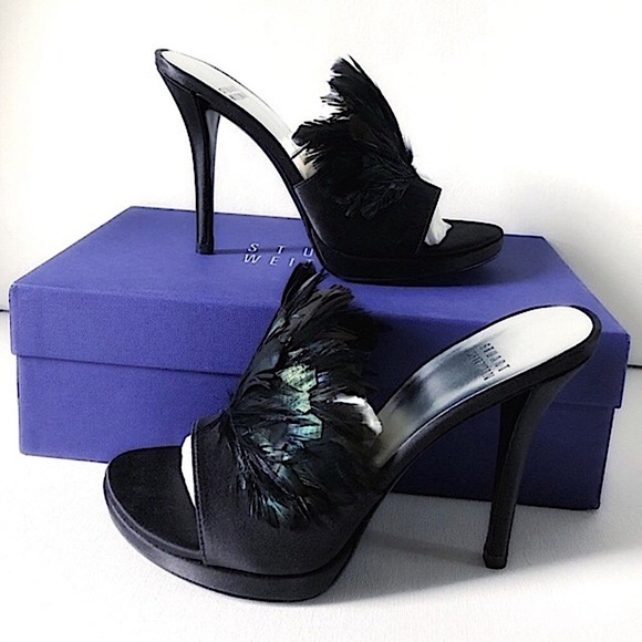 NWT Stuart Weitzman Feathered Black Satin Strapless Heels Size 6 - Picture 3 of 17